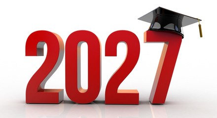 3D Illustration of 2027 text with graduation hat

