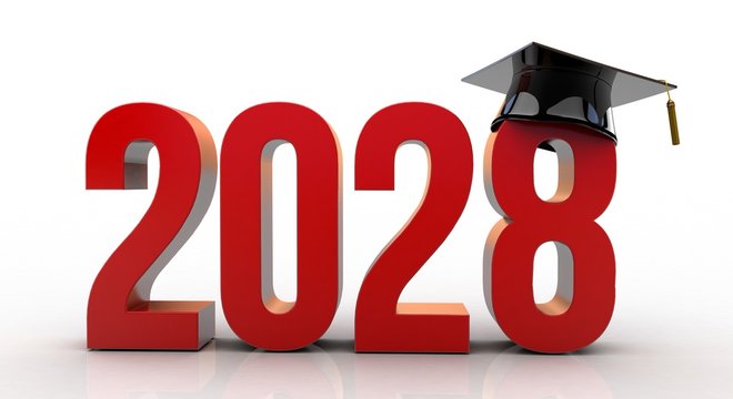 3D Illustration of 2028 text with graduation hat