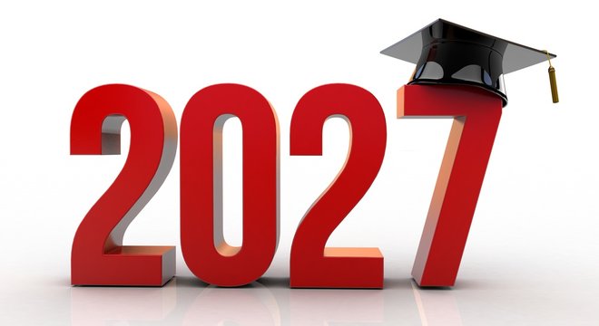 3D Illustration of 2027 text with graduation hat

