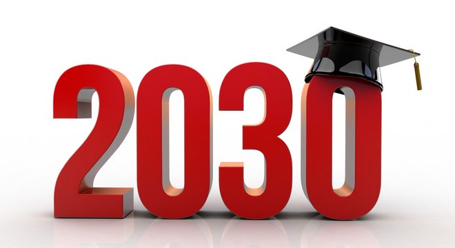 3D illustration of 2030 text with graduation hat