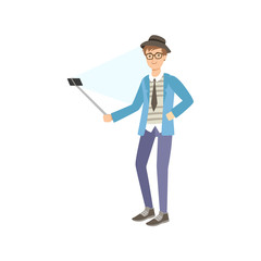 Hipster Dressed Guy Taking Picture With Selfie Stick Illustration