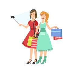 Two Girlfriends Shopping Taking Picture With Selfie Stick Illustration