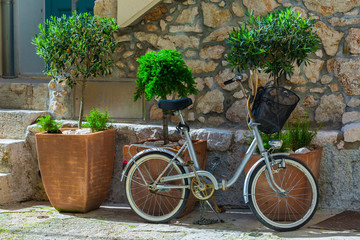 Traditional European Mediterranean architectural style in the streets and residential houses, bike, bicycle parking.
