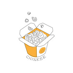 Take Away Lunch Box With Noodles Chinese Food And Wok Fast Food Cafe Menu Hand Drawn Illustration