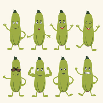 Vector set isolated funny zucchini. Collection cute zucchini in cartoon style.