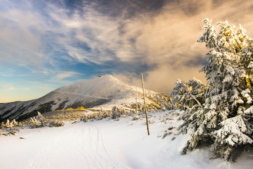 Fototapeta Śnieżka w Karkonoszach - zaśnieżony szczyt górski zimą obraz