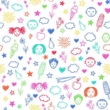 Seamless pattern with happy school children, flowers, sun, stars. Vector colorful background. Doodle drawing.