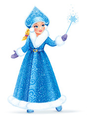 Fototapeta na wymiar Vector illustration. Beautiful girl wearing long blue coat with white fur. Snow Maiden (Snegurochka), traditional Russian Christmas character on white background.