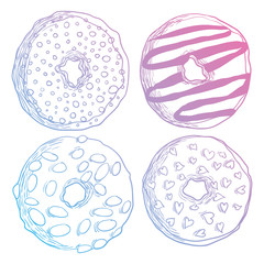 Set of stylized donuts. Sweets. Cake. Bakery products. Line art. Vector illustration.