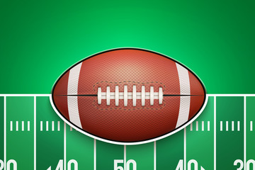Poster Template with American Football Ball on grass field. Cup and Tournament Advertising. Sport Event Announcement. Vector Illustration.