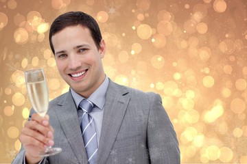 Happy Businessman with Champagne on Blurry Background Design