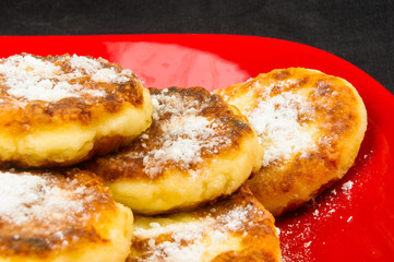 red plate of pancakes