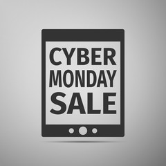 Tablet PC with Cyber Monday Sale text on screen flat icon over grey background. Vector Illustration