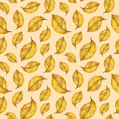 Autumn watercolor seamless pattern of yellow leaves, hand painted watercolour autumn background of falling leaf elm, design for fabric, textile, wrapping paper, card, invitation, wallpaper, web design