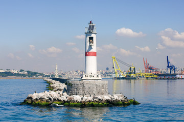 Lighthouse on the background of port in Istanbul