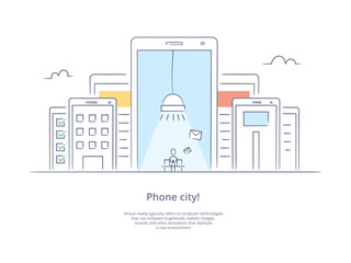 Premium Quality Line Icon And Concept Set: Phone city with a person who writes a message, IT infrastructure, sms and mail chat.