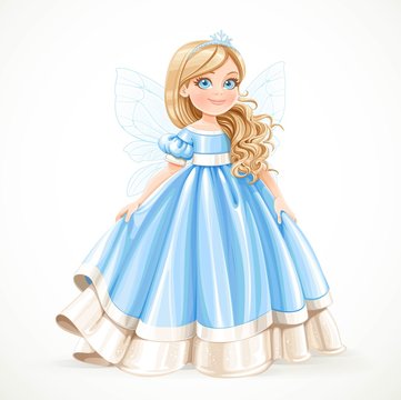 Little blond princess girl in blue ball dress winter wings and s