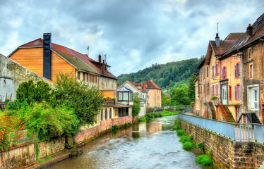 Fototapeta na wymiar View of Moyenmoutier, a town in the Vosges Mountains - France