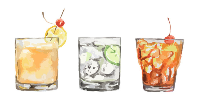 Watercolor Cocktails Set. Isolated Glasses With Alcohol Drinks On White Background.