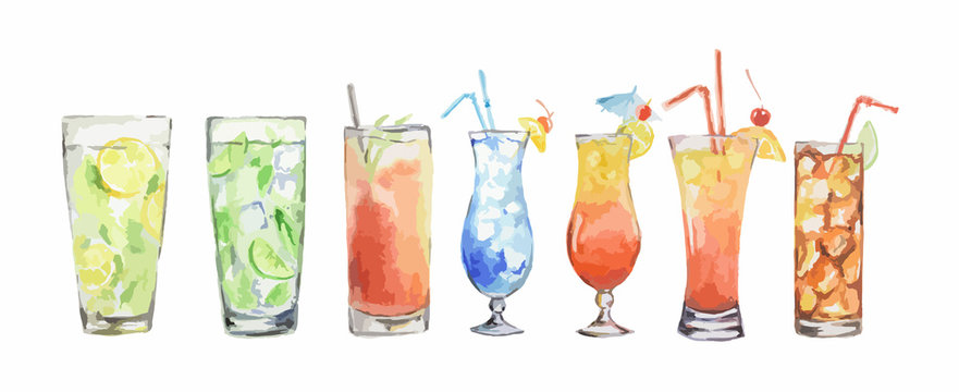 Watercolor Cocktails Set. Isolated Glasses With Alcohol Drinks On White Background.