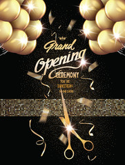 Grand Opening background with gold textured ribbon ,flying confetti. Holiday background