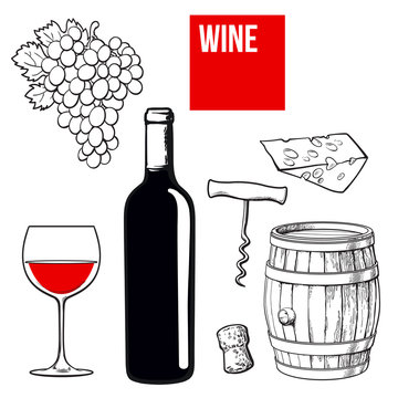 Wine set of bottle, glass, barrel, grapes, cheese, cork and corkscrew, sketch vector illustration isolated on white background. Hand drawn wine barrel, glass, grapes and bottle, corkscrew and cheese