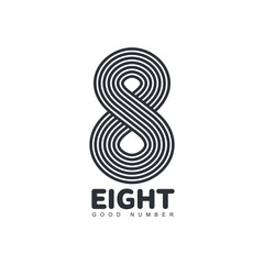 Black and white number eight logo template made of repeating circles, vector illustration isolated on white background. Black and white number eight graphic logotype