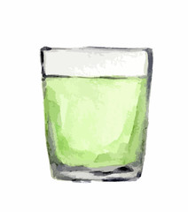 Watercolor alcohol glass with green liquid on white background. Alcohol beverage. Drink for restaurant or pub.
