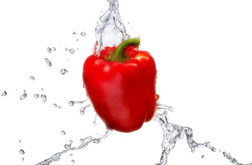 Water splash and vegetables isolated on white backgroud with clipping path. Fresh bell pepper