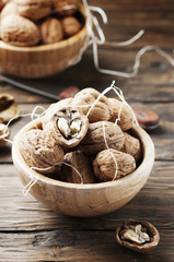 Healthy walnuts on the wooden table