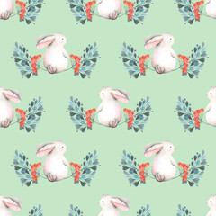Seamless pattern with watercolor rabbits, green branches and red berries, hand drawn isolated on a tender blue background