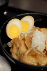 Pork with sweet sauce on top of rice bowl