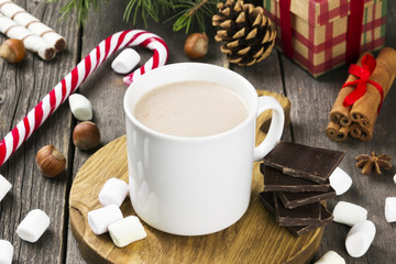 Cup of hot cocoa on a dark background