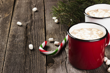 Cup of hot cocoa with marshmallows on a dark background. Toning