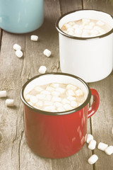 Cup of hot cocoa with marshmallows on a dark background. Toning