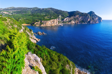Fototapeta premium Landscape of beach in close bay with crystal clear azure water.