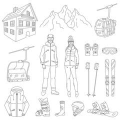 Ski resort icons set snowboarder man and woman, resort hotel, mountains, funicular, chairlift, winter sport equipment, isolated hand drawn doodle vector illustration.