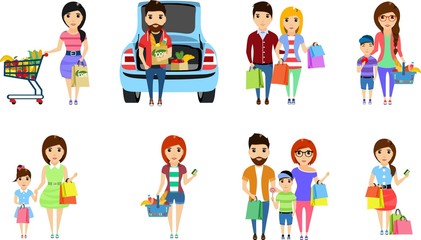 Set of vector illustrations. Young people are shopping. Shopping at the supermarket. Food. Isolated on white background. Happy people.