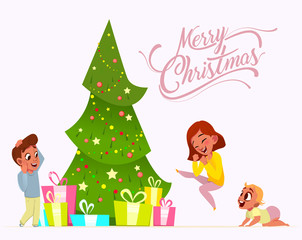 Merry Christmas. Happy children . Winter tree