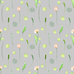 Seamless floral pattern with pink flowers and floral elements hand drawn in watercolor on a grey background