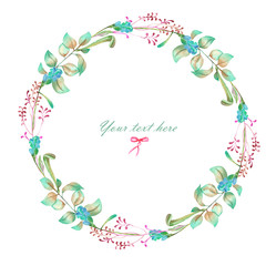 Circle frame, wreath of floral elements, hand painted in watercolor on a white background, greeting card, decoration postcard or invitation