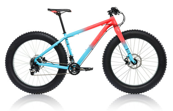 Fototapeta New blue with red bicycle with thick tires for snow ride isolate