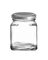 Empty glass jar isolated on white background