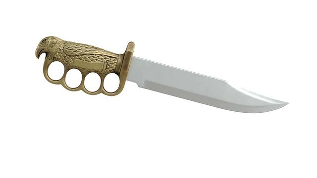 Knife dagger with decorative golden handle, alpha channel. 3D animation loop