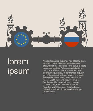Image relative to gas transit from Russia to European Union. Gears connected by gas pipe. National flags on cog wheels. Modern vector brochure, report or leaflet design template.