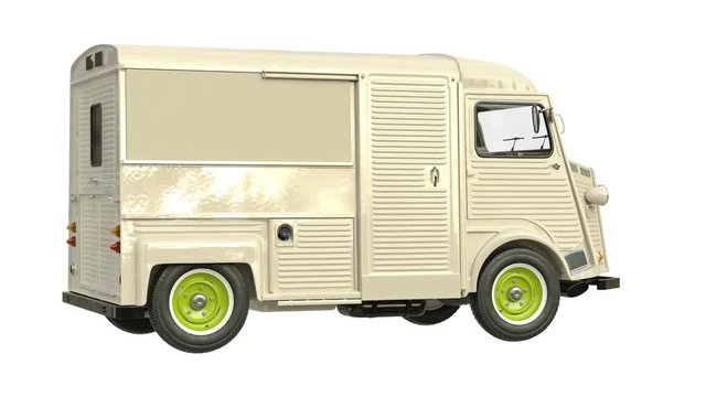 Food truck eatery car van, alpha channel. 3D animation loop