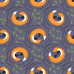 Orange foxes, plants and pine vector seamless pattern