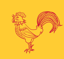 Red contour cockerel on a yellow background.
