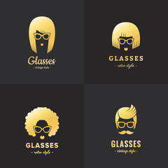 Eyeglasses gold logo vintage vector set (female and male).