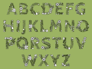 Christmas or Winter Themed Floral Alphabet in Line Art Style - Vector